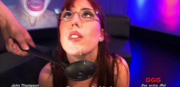 Busty bukkake babe Fiona loves to get warm jizz on her glasses